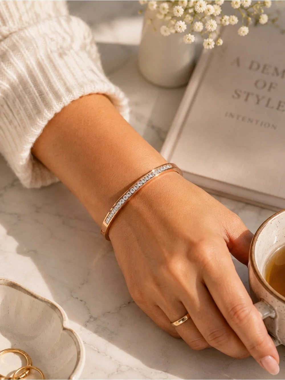 18K Rose Gold Rhinestone Bangle Bracelet Waterproof Stainless Steel